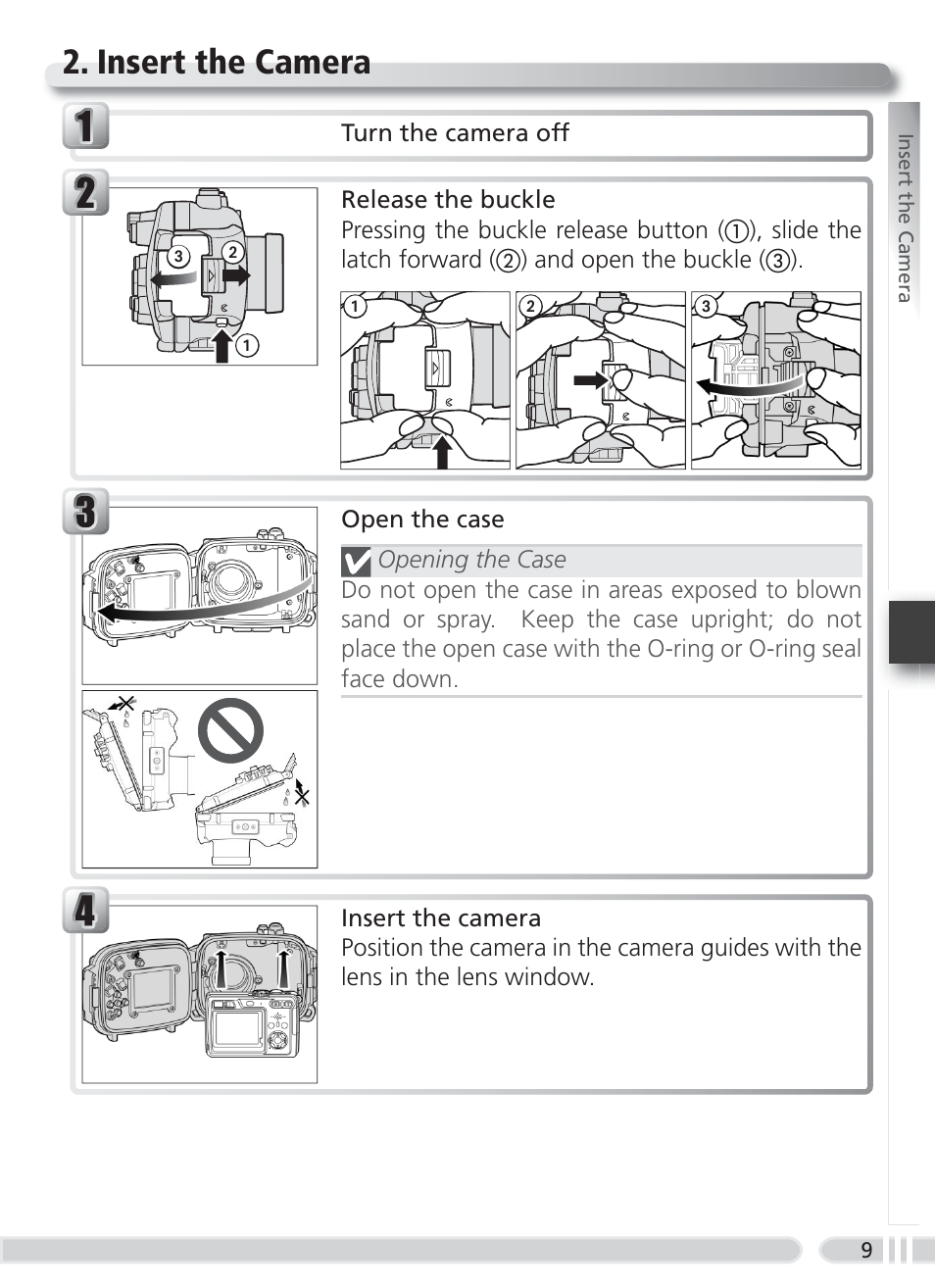 Insert the camera | Nikon WP-CP4 Coolpix 5900-7900 User Manual | Page 17 / 80