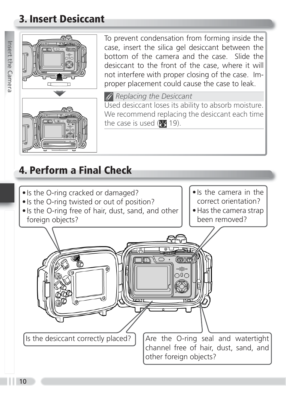 Insert desiccant, Perform a final check, Insert desiccant 4. perform a final check | Nikon WP-CP4 Coolpix 5900-7900 User Manual | Page 18 / 80