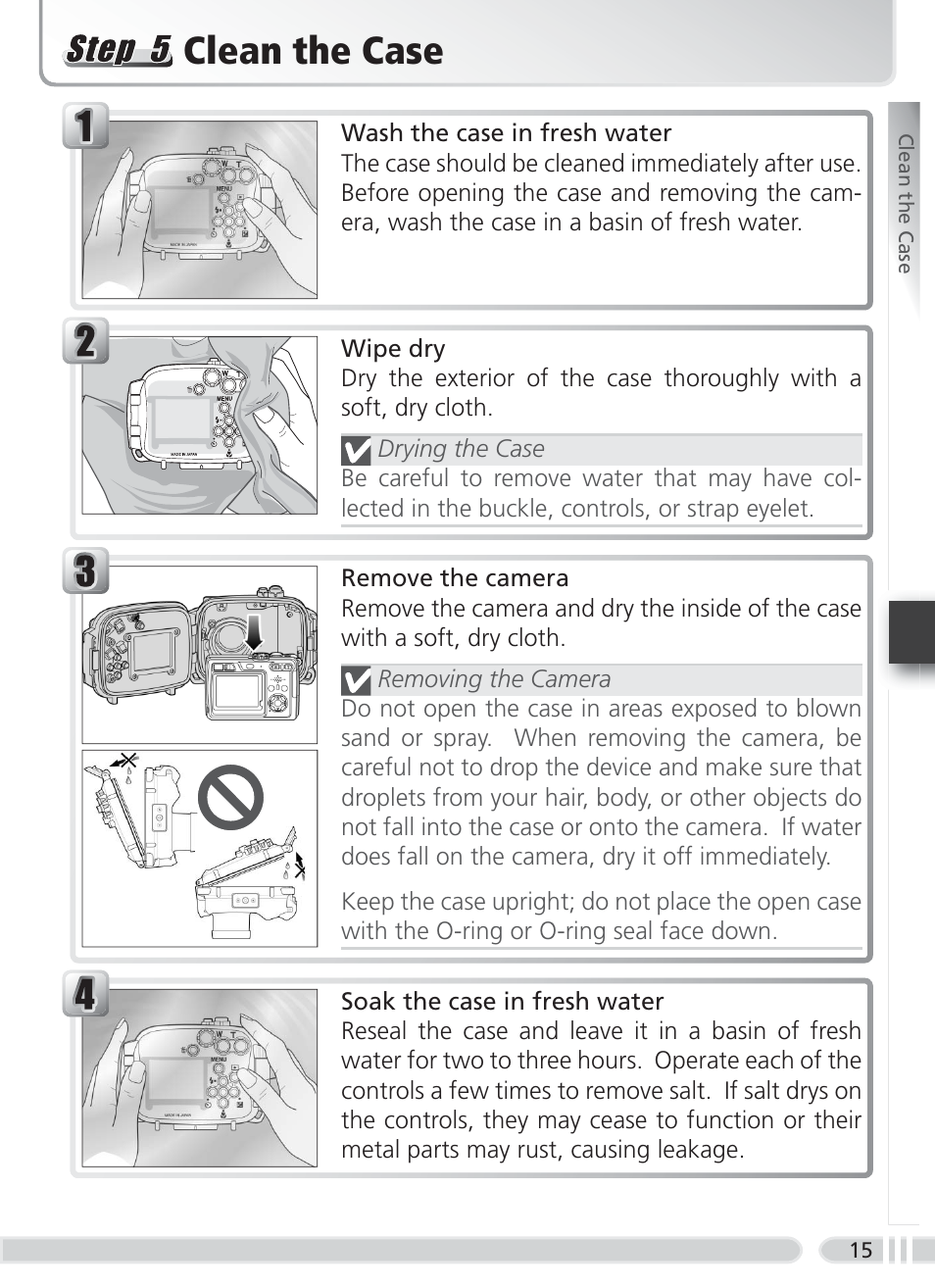 Clean the case | Nikon WP-CP4 Coolpix 5900-7900 User Manual | Page 23 / 80