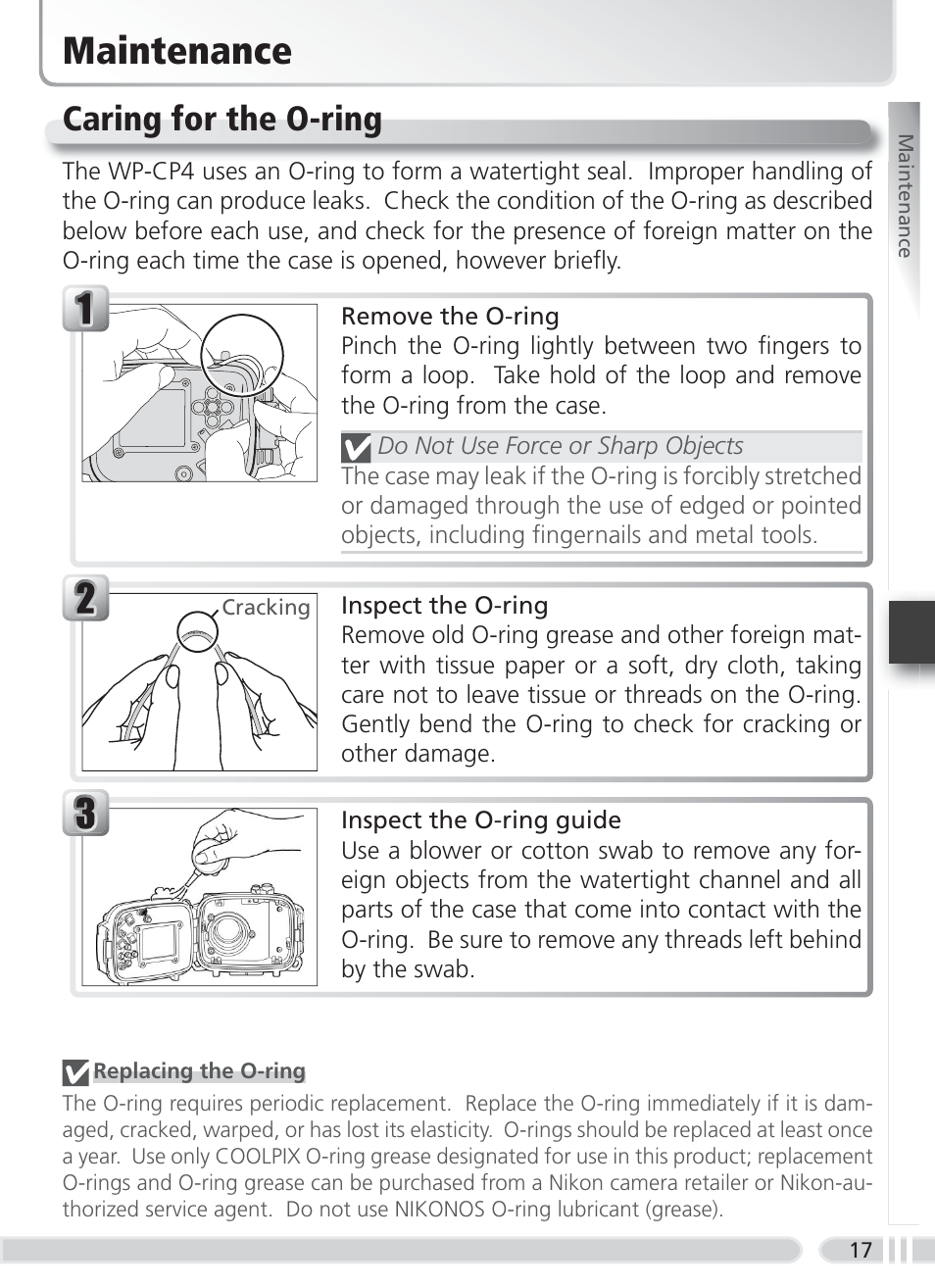 Maintenance, Caring for the o-ring | Nikon WP-CP4 Coolpix 5900-7900 User Manual | Page 25 / 80