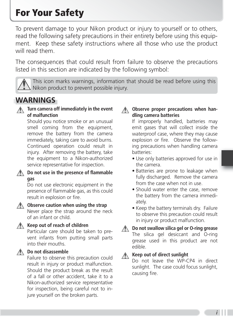 For your safety, Warnings | Nikon WP-CP4 Coolpix 5900-7900 User Manual | Page 3 / 80