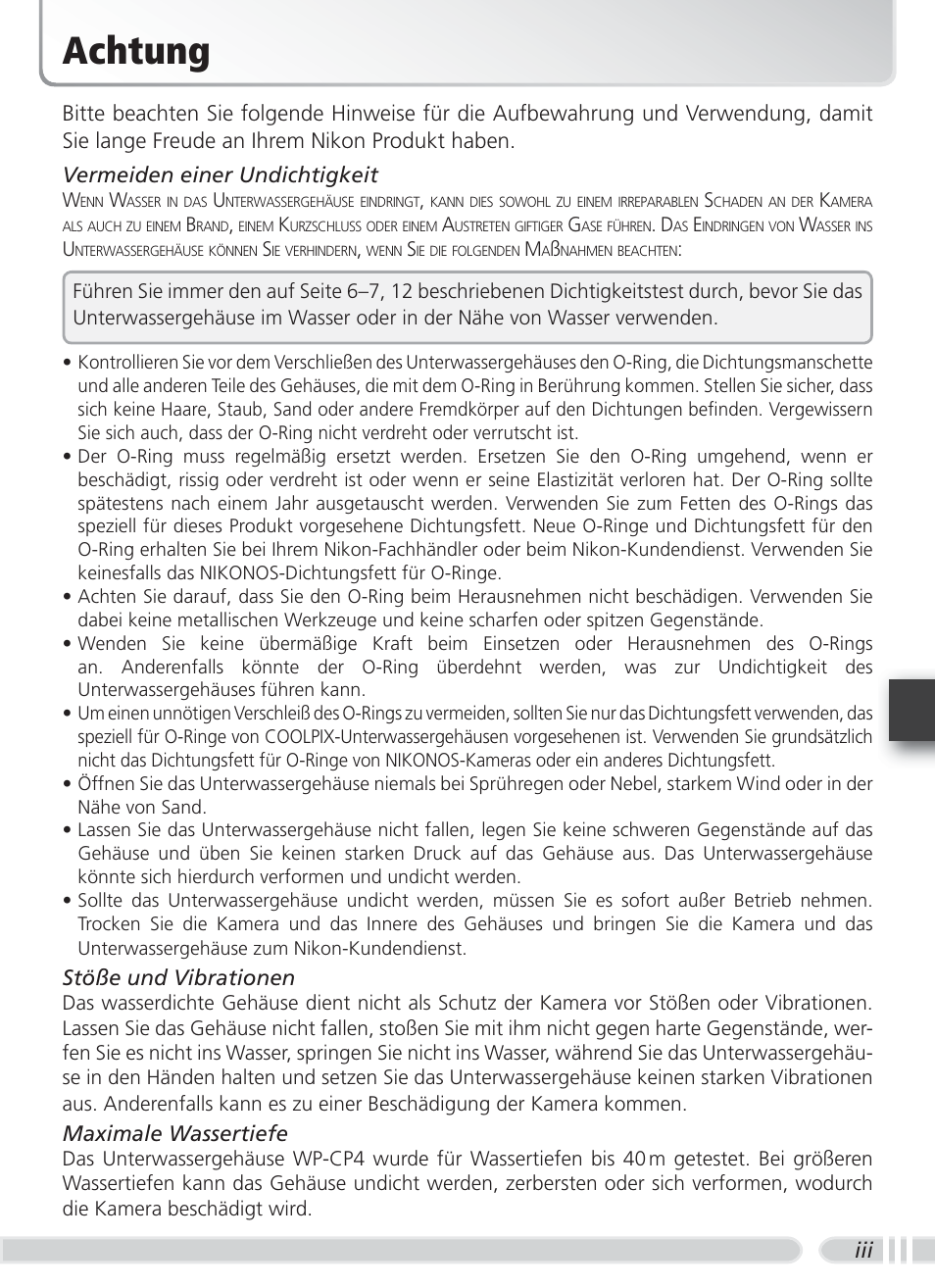 Achtung, Stöße und vibrationen, Maximale wassertiefe | Nikon WP-CP4 Coolpix 5900-7900 User Manual | Page 31 / 80