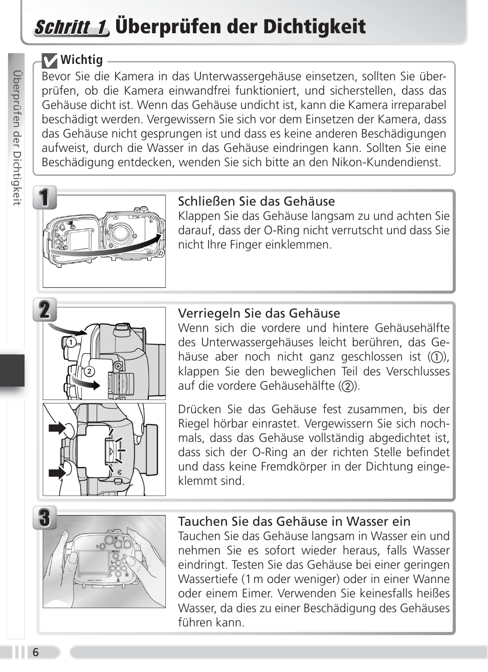 Überprüfen der dichtigkeit, Schritt 1 | Nikon WP-CP4 Coolpix 5900-7900 User Manual | Page 40 / 80