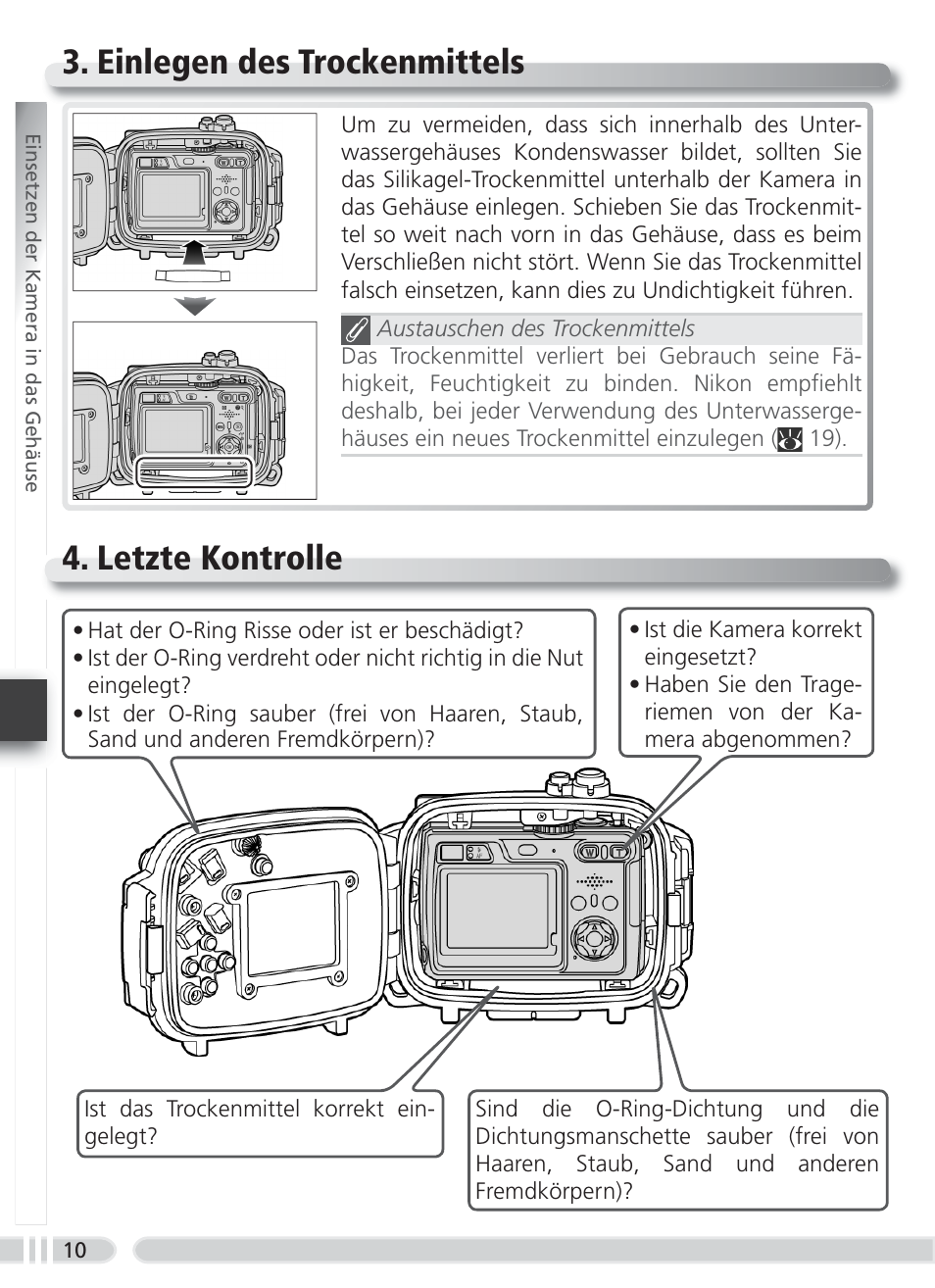 Einlegen des trockenmittels, Letzte kontrolle, Einlegen des trockenmittels 4. letzte kontrolle | Nikon WP-CP4 Coolpix 5900-7900 User Manual | Page 44 / 80