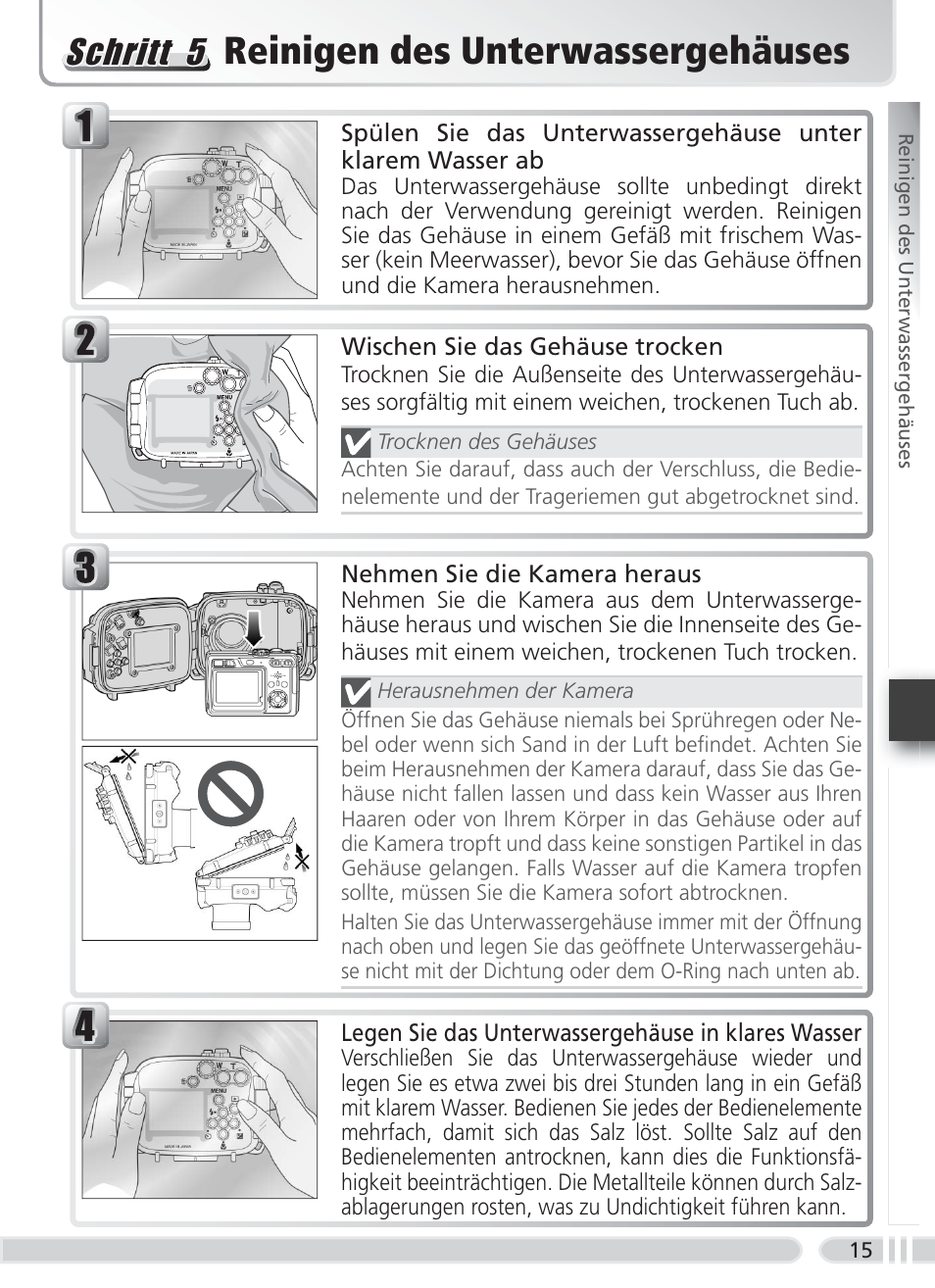 Reinigen des unterwassergehäuses, Schritt 5 | Nikon WP-CP4 Coolpix 5900-7900 User Manual | Page 49 / 80