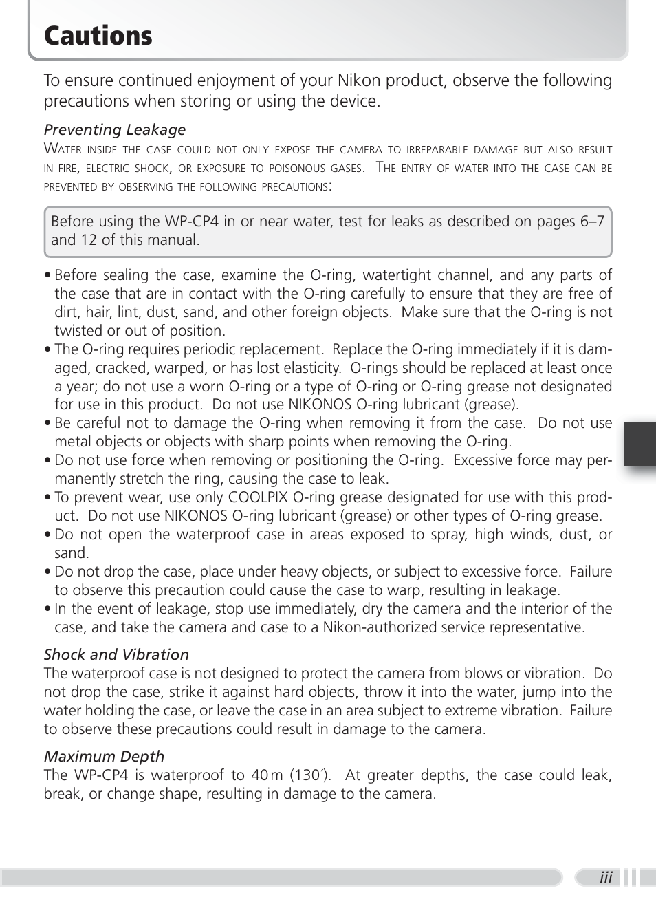 Cautions | Nikon WP-CP4 Coolpix 5900-7900 User Manual | Page 5 / 80