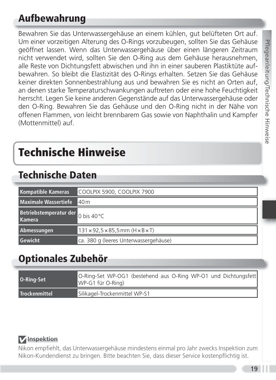 Aufbewahrung, Technische hinweise, Technische daten | Optionales zubehör | Nikon WP-CP4 Coolpix 5900-7900 User Manual | Page 53 / 80