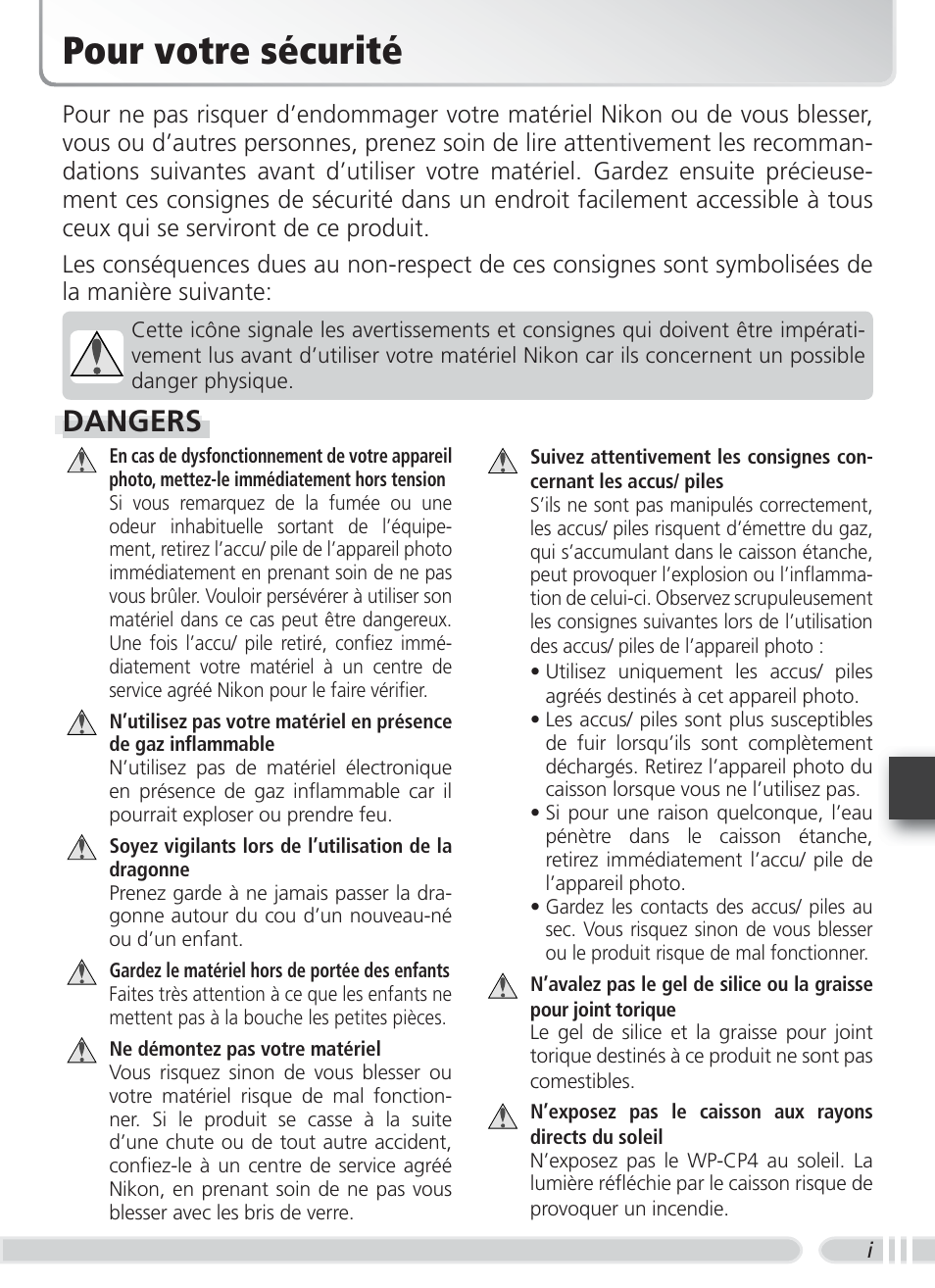 Pour votre sécurité, Dangers | Nikon WP-CP4 Coolpix 5900-7900 User Manual | Page 55 / 80