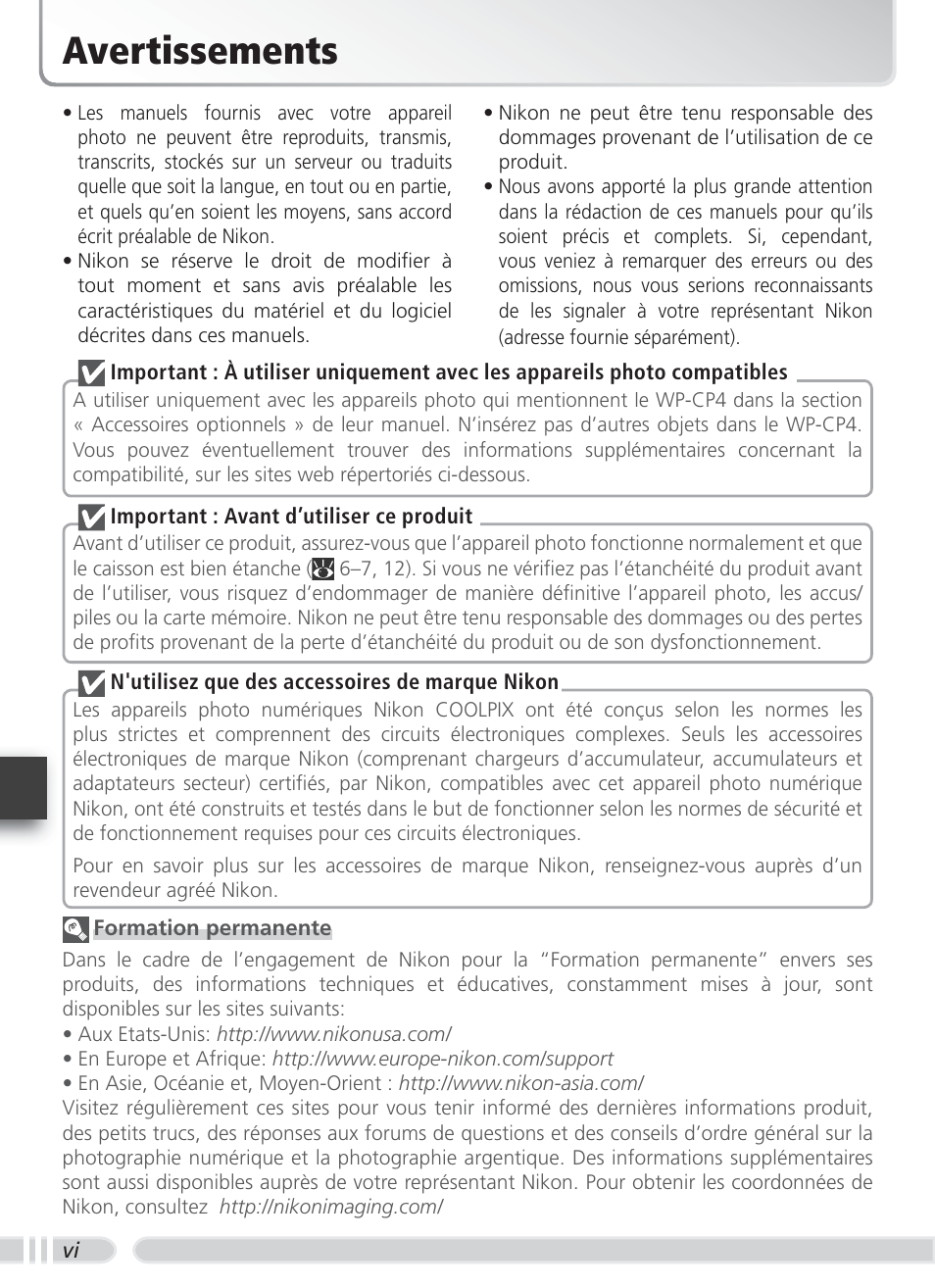 Avertissements | Nikon WP-CP4 Coolpix 5900-7900 User Manual | Page 60 / 80