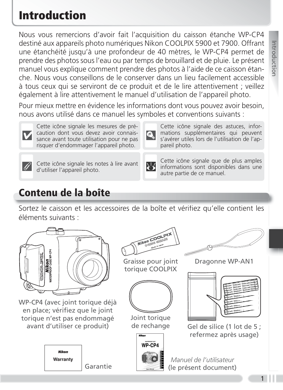 Introduction, Contenu de la boîte | Nikon WP-CP4 Coolpix 5900-7900 User Manual | Page 61 / 80