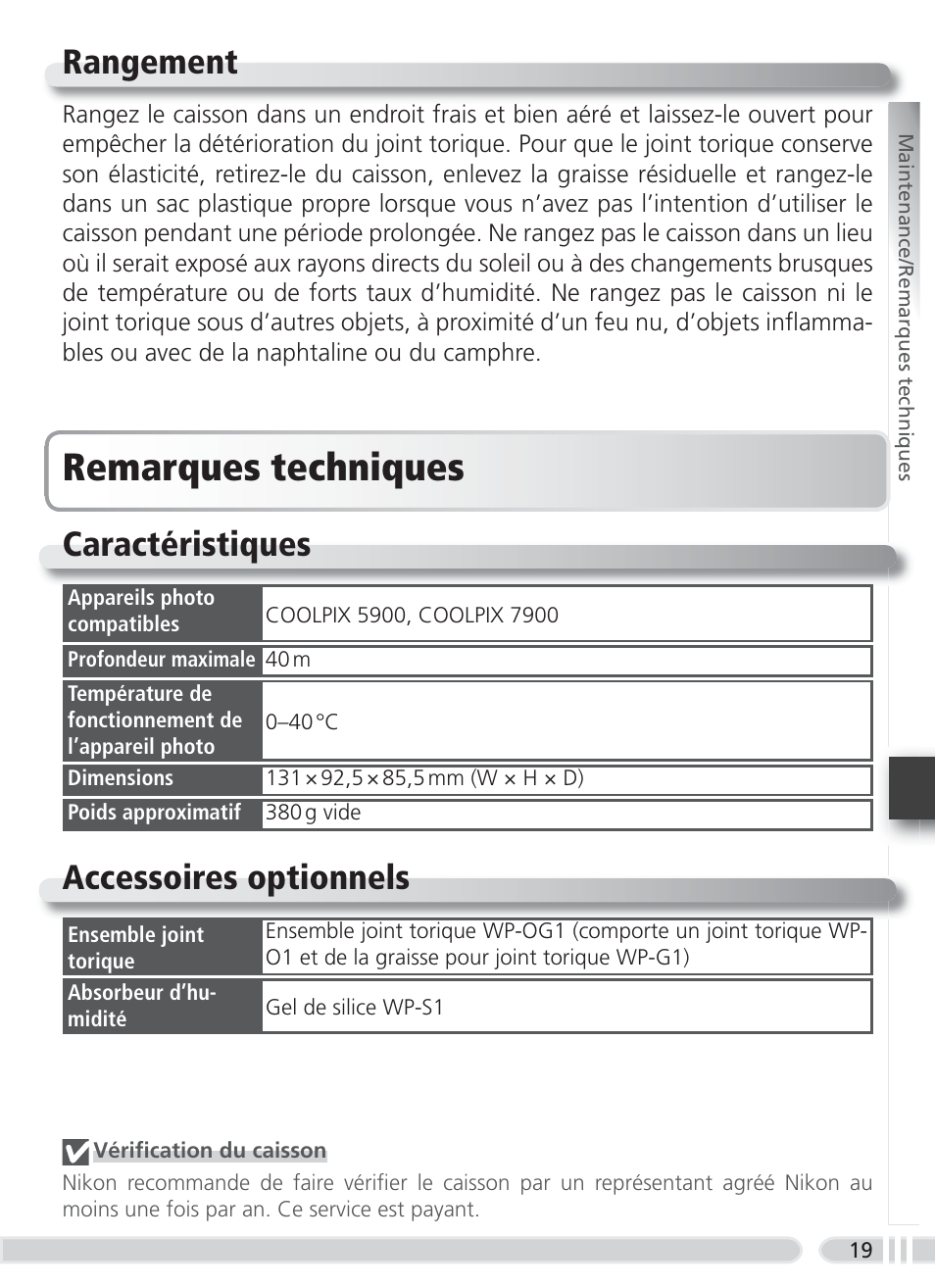 Rangement, Remarques techniques, Caractéristiques | Accessoires optionnels | Nikon WP-CP4 Coolpix 5900-7900 User Manual | Page 79 / 80