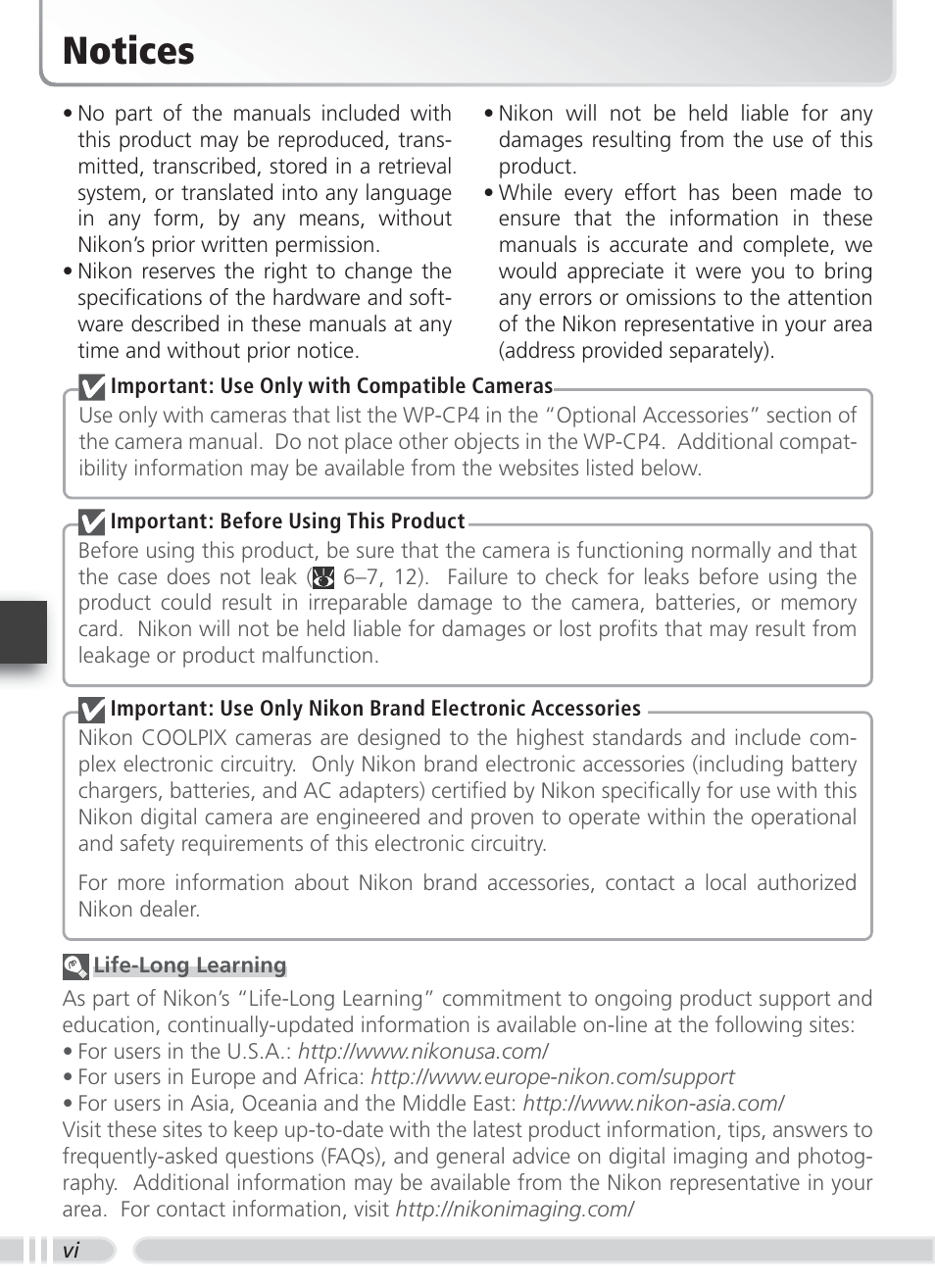 Notices | Nikon WP-CP4 Coolpix 5900-7900 User Manual | Page 8 / 80