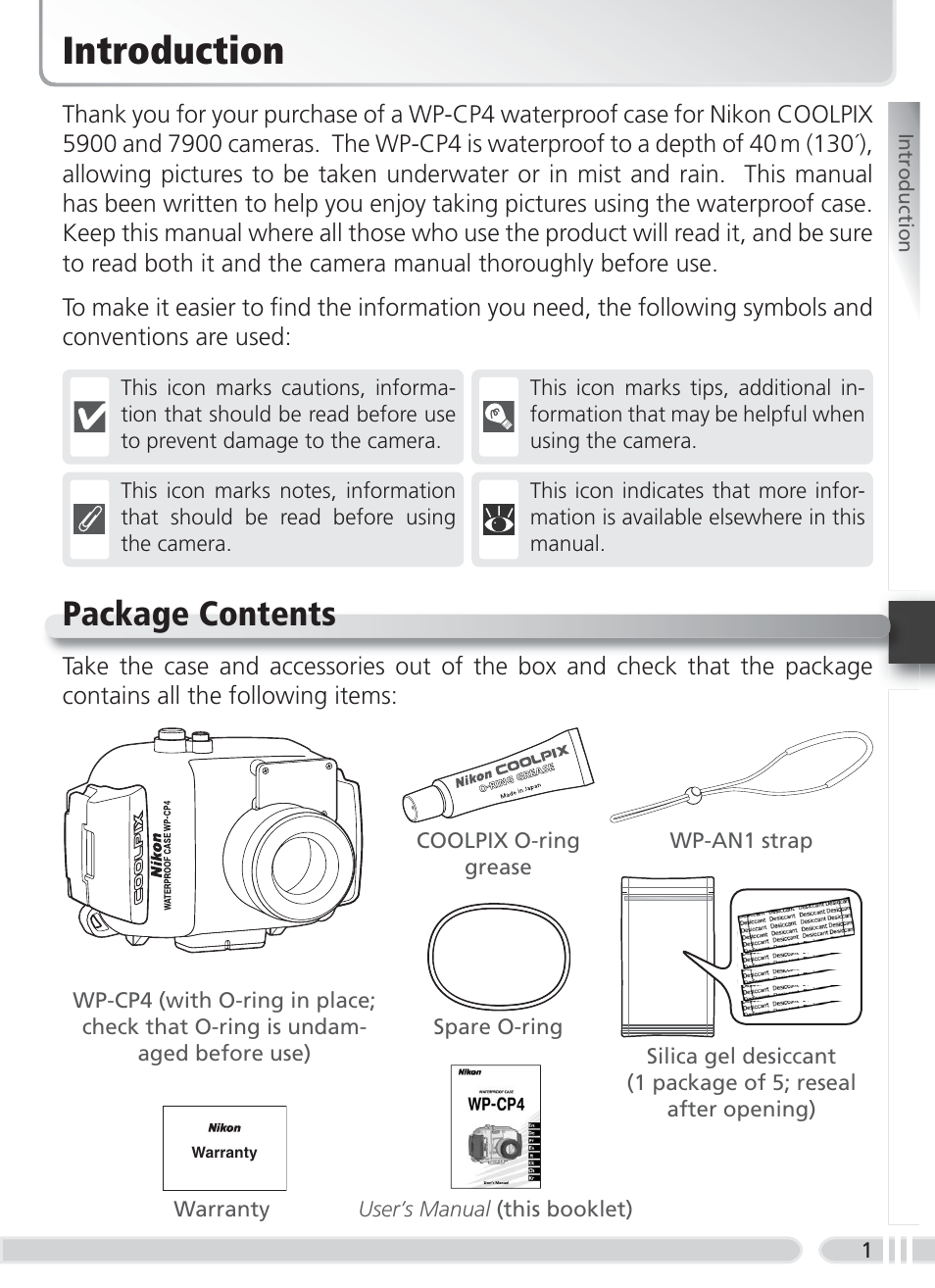 Introduction, Package contents | Nikon WP-CP4 Coolpix 5900-7900 User Manual | Page 9 / 80