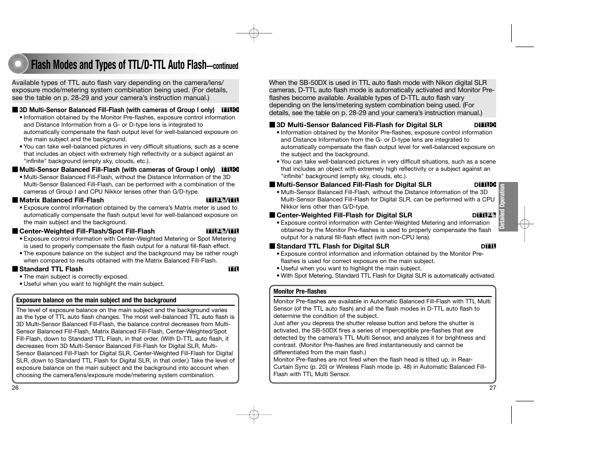 Flash modes and types of ttl/d-ttl auto flash, Continued | Nikon SB-50DX User Manual | Page 14 / 39