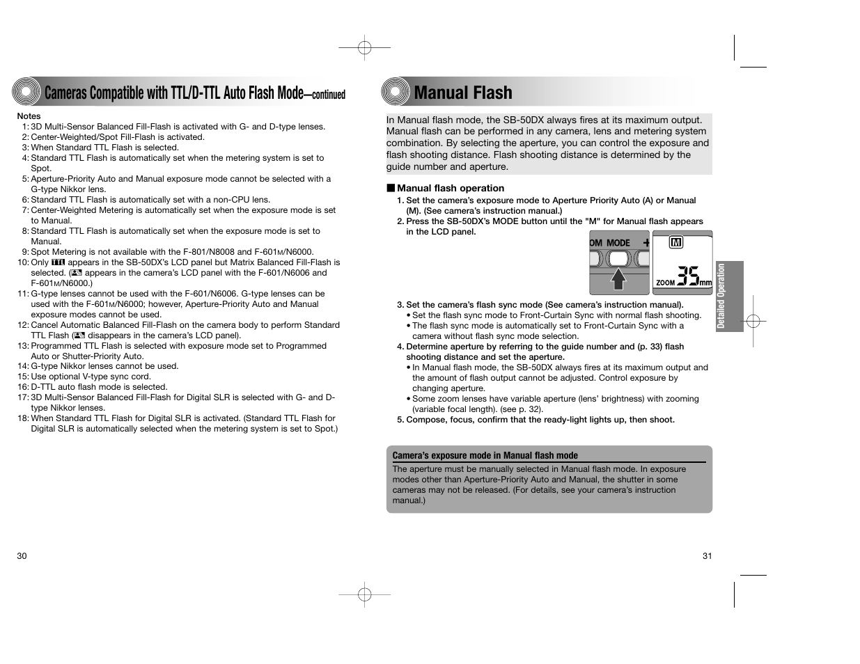 Cameras compatible with ttl/d-ttl auto flash mode, Manual flash, Continued | Nikon SB-50DX User Manual | Page 16 / 39