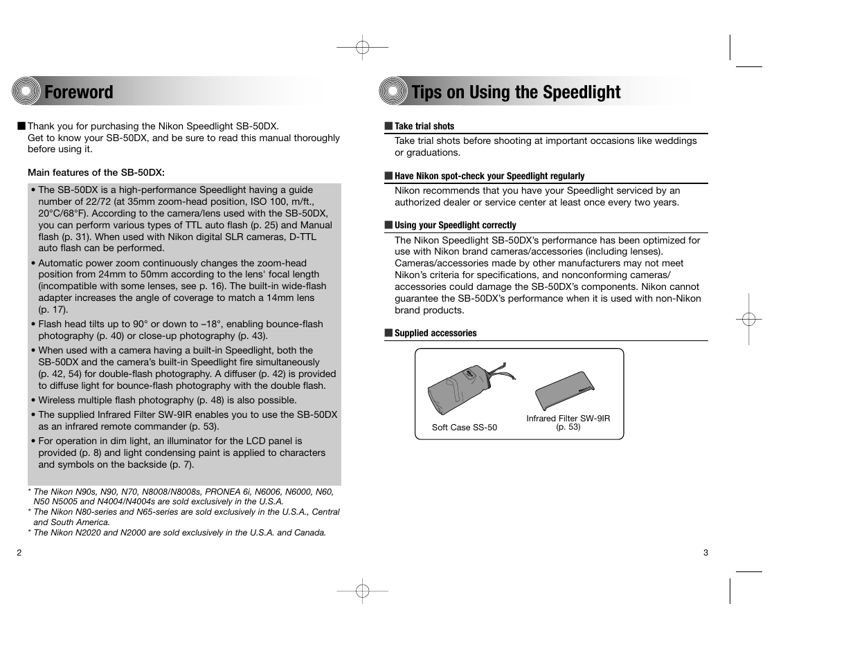 Foreword tips on using the speedlight | Nikon SB-50DX User Manual | Page 2 / 39