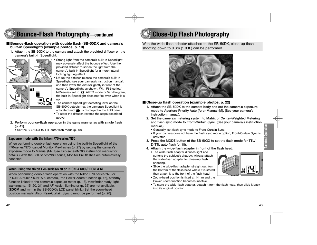 Bounce-flash photography, Close-up flash photography, Continued | Nikon SB-50DX User Manual | Page 22 / 39