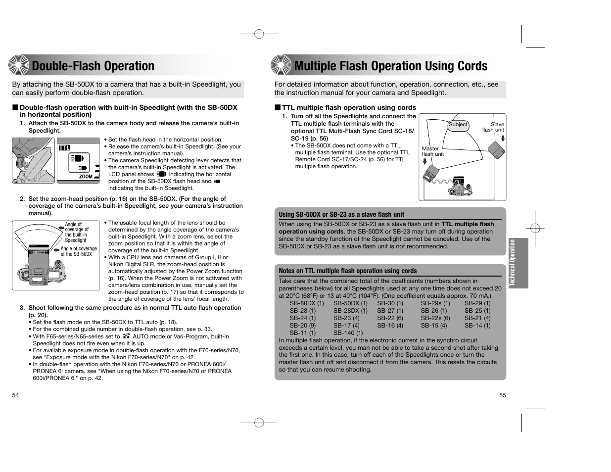 Double-flash operation, Multiple flash operation using cords | Nikon SB-50DX User Manual | Page 28 / 39