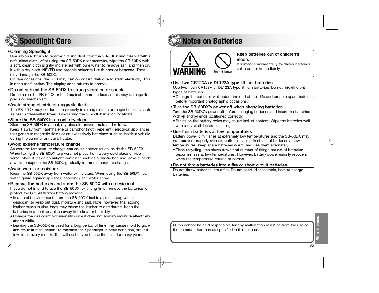 Warning, Speedlight care | Nikon SB-50DX User Manual | Page 33 / 39