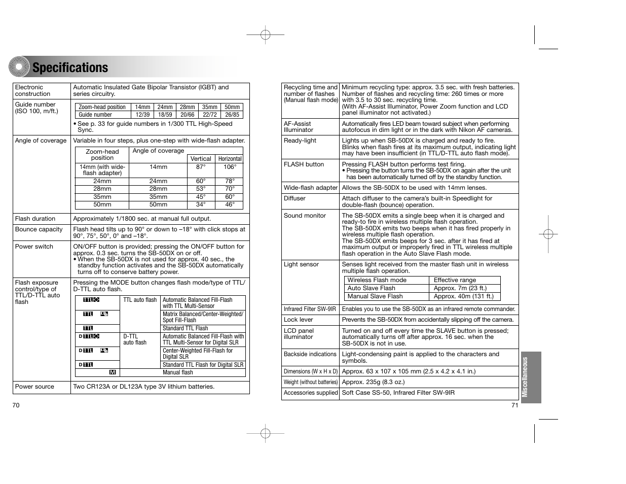 Specifications | Nikon SB-50DX User Manual | Page 36 / 39