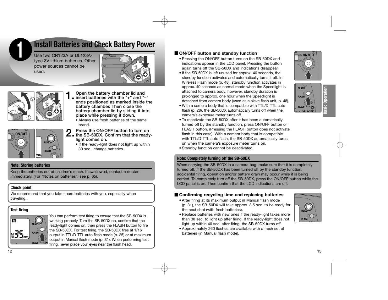 Install batteries and check battery power | Nikon SB-50DX User Manual | Page 7 / 39