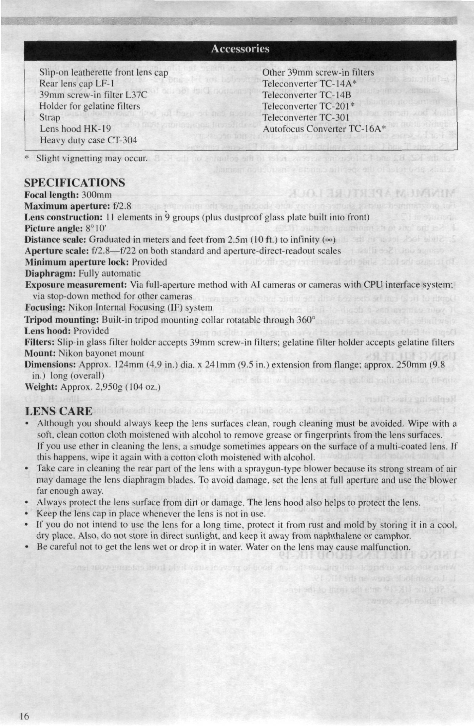 Specifications, Lens care | Nikon AF-I NIKKOR ED 300mm f-2.8D IF User Manual | Page 18 / 38