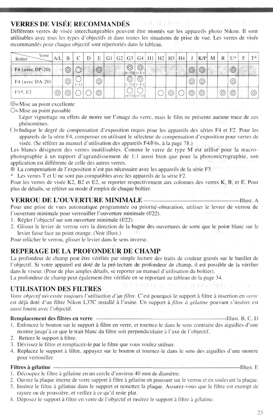 Verres de visee recommandes, Verrou de l’ouverture minimale illust a, Reperage de la profondeur de champ | Utilisation des filtres, Verrou de l’ouverture minimale | Nikon AF-I NIKKOR ED 300mm f-2.8D IF User Manual | Page 25 / 38