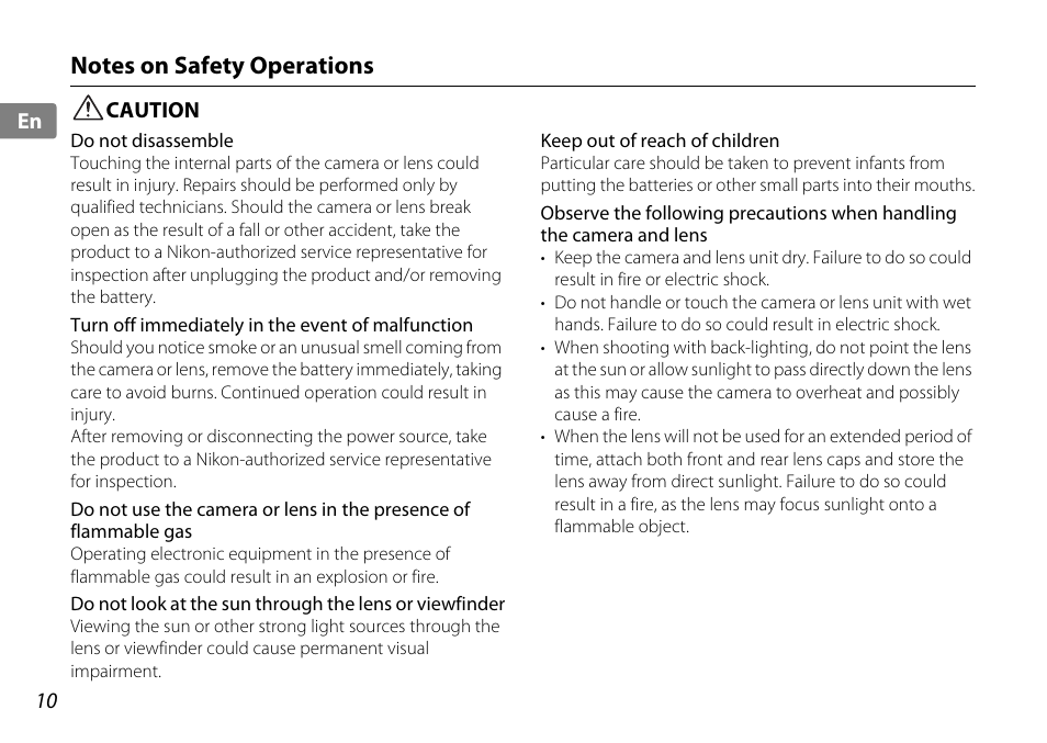 Notes on safety operations, Caution | Nikon AF-S DX 10-24mm f-3.5-4.5G ED User Manual | Page 10 / 120