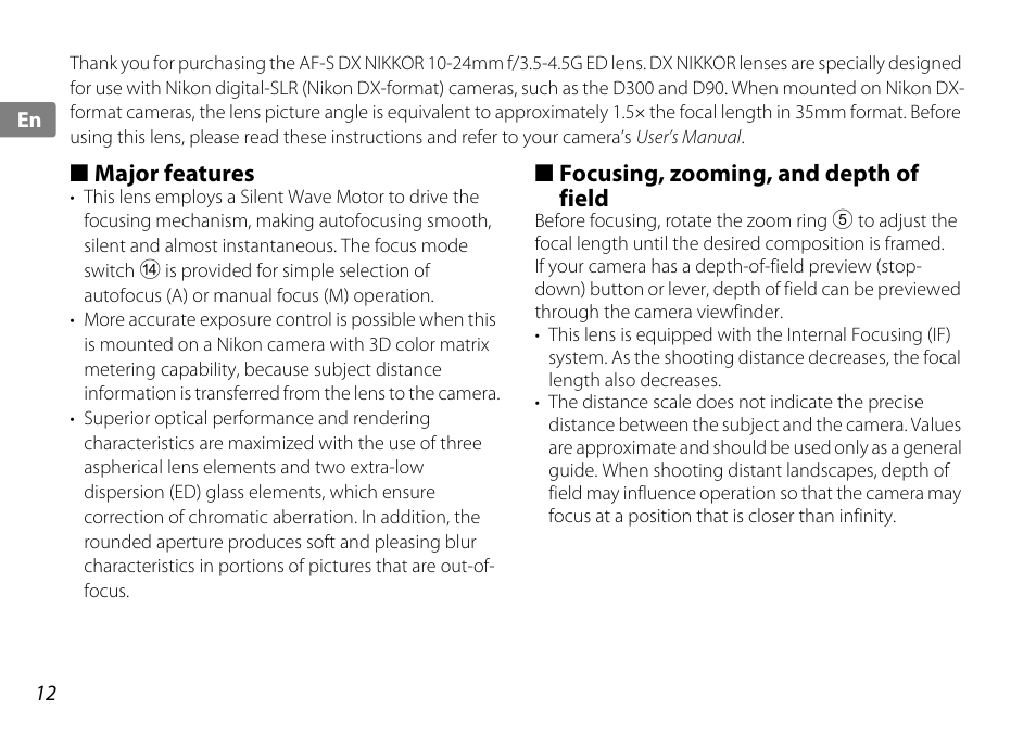 Major features, Focusing, zooming, and depth of field, P. 12) | E (p. 12) | Nikon AF-S DX 10-24mm f-3.5-4.5G ED User Manual | Page 12 / 120