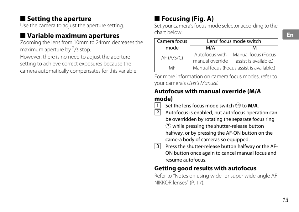 Setting the aperture, Variable maximum apertures, Focusing (fig. a) | Autofocus with manual override (m/a mode), Getting good results with autofocus, P. 13) | Nikon AF-S DX 10-24mm f-3.5-4.5G ED User Manual | Page 13 / 120