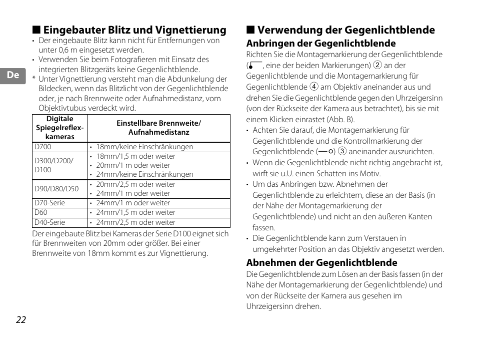 Eingebauter blitz und vignettierung, Verwendung der gegenlichtblende, Anbringen der gegenlichtblende | Abnehmen der gegenlichtblende, S. 22) | Nikon AF-S DX 10-24mm f-3.5-4.5G ED User Manual | Page 22 / 120