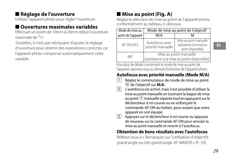 Réglage de l'ouverture, Ouvertures maximales variables, Mise au point (fig. a) | Autofocus avec priorité manuelle (mode m/a), Obtention de bons résultats avec l'autofocus, P. 29, Int (p. 29) | Nikon AF-S DX 10-24mm f-3.5-4.5G ED User Manual | Page 29 / 120