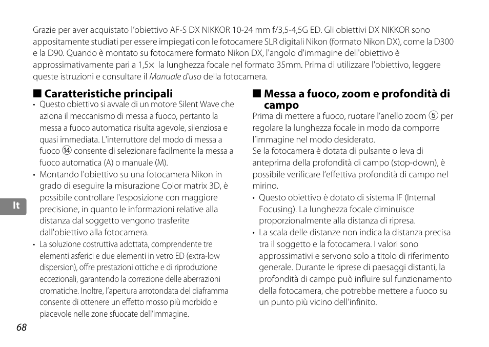 Caratteristiche principali, Messa a fuoco, zoom e profondità di campo, P. 68 | P. 68) | Nikon AF-S DX 10-24mm f-3.5-4.5G ED User Manual | Page 68 / 120