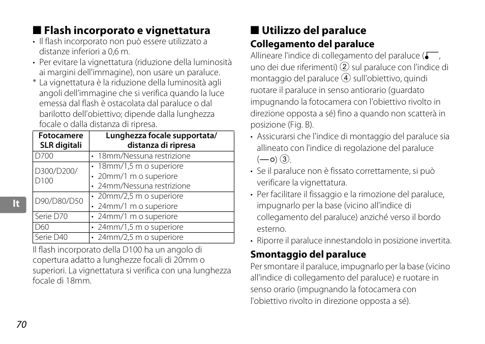 Flash incorporato e vignettatura, Utilizzo del paraluce, Collegamento del paraluce | Smontaggio del paraluce, Luce (p. 70), P. 70) | Nikon AF-S DX 10-24mm f-3.5-4.5G ED User Manual | Page 70 / 120