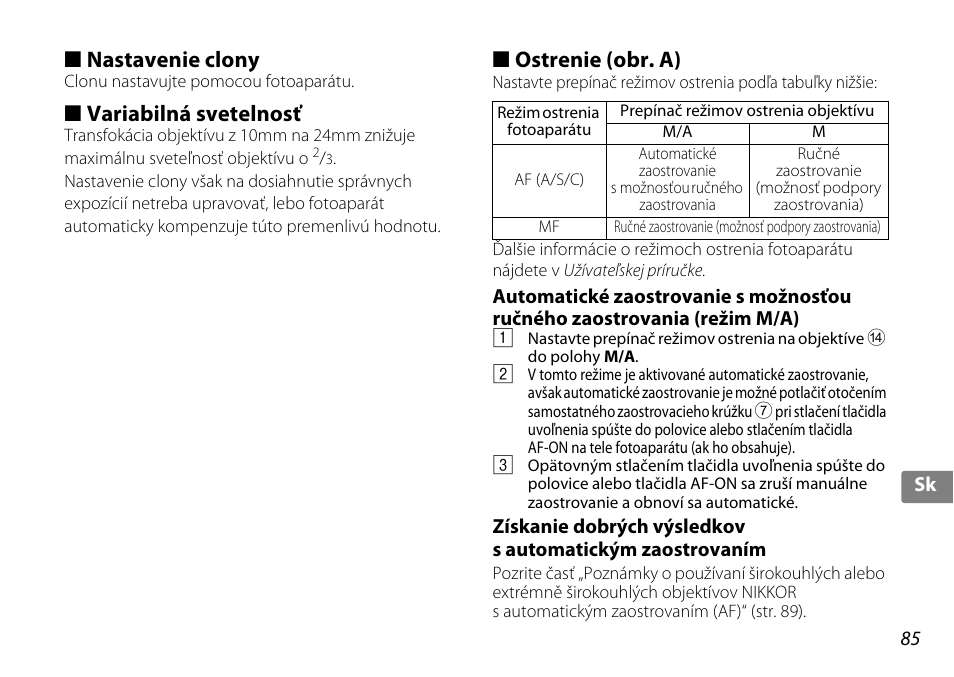 Nastavenie clony, Variabilná svetelnosť, Ostrenie (obr. a) | Nikon AF-S DX 10-24mm f-3.5-4.5G ED User Manual | Page 85 / 120