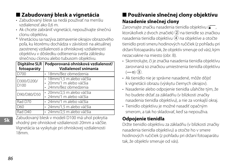 Zabudovaný blesk a vignetácia, Používanie slnečnej clony objektívu, Nasadenie slnečnej clony | Odpojenie tienidla | Nikon AF-S DX 10-24mm f-3.5-4.5G ED User Manual | Page 86 / 120