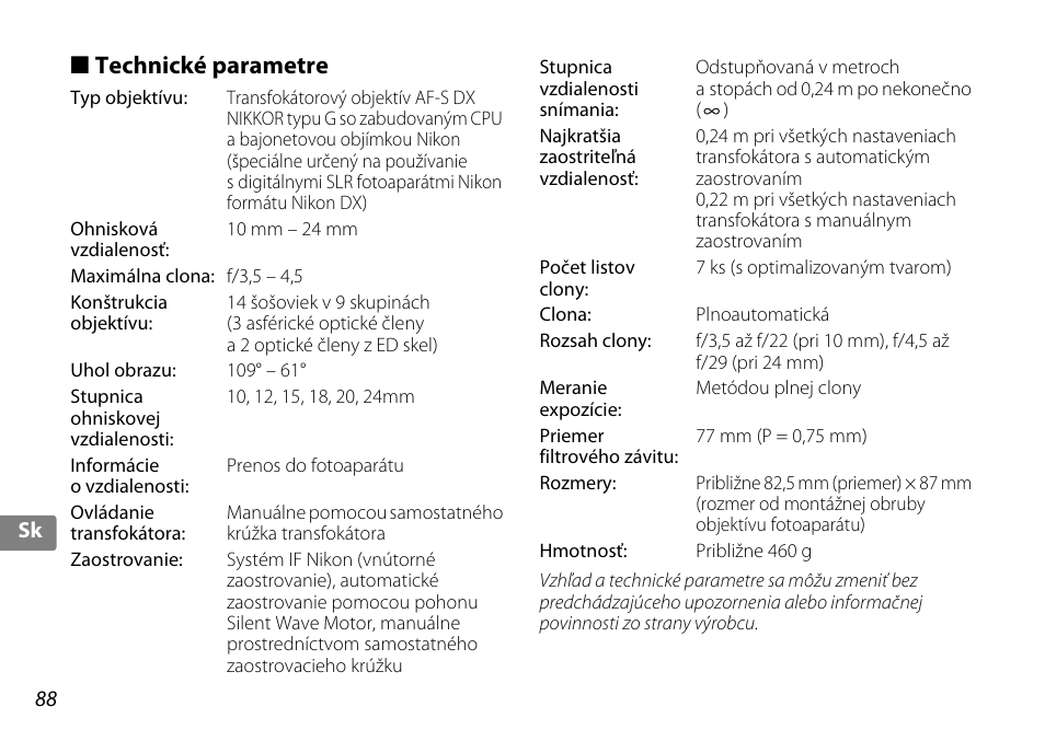 Technické parametre | Nikon AF-S DX 10-24mm f-3.5-4.5G ED User Manual | Page 88 / 120