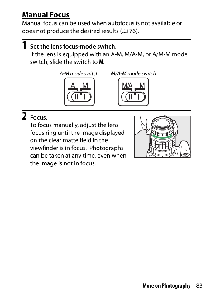 Manual focus | Nikon D3300 User Manual | Page 103 / 392