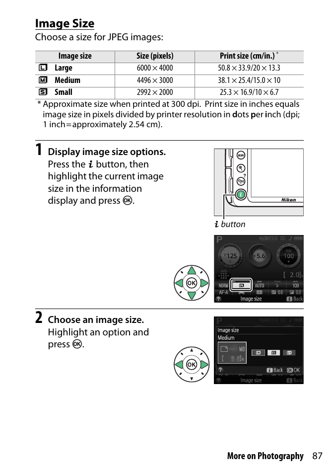 Image size | Nikon D3300 User Manual | Page 107 / 392