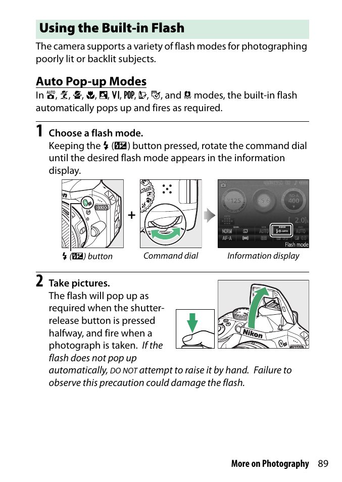Using the built-in flash, Auto pop-up modes | Nikon D3300 User Manual | Page 109 / 392