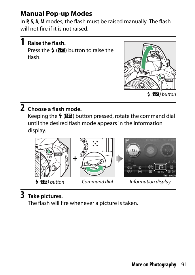 Manual pop-up modes | Nikon D3300 User Manual | Page 111 / 392