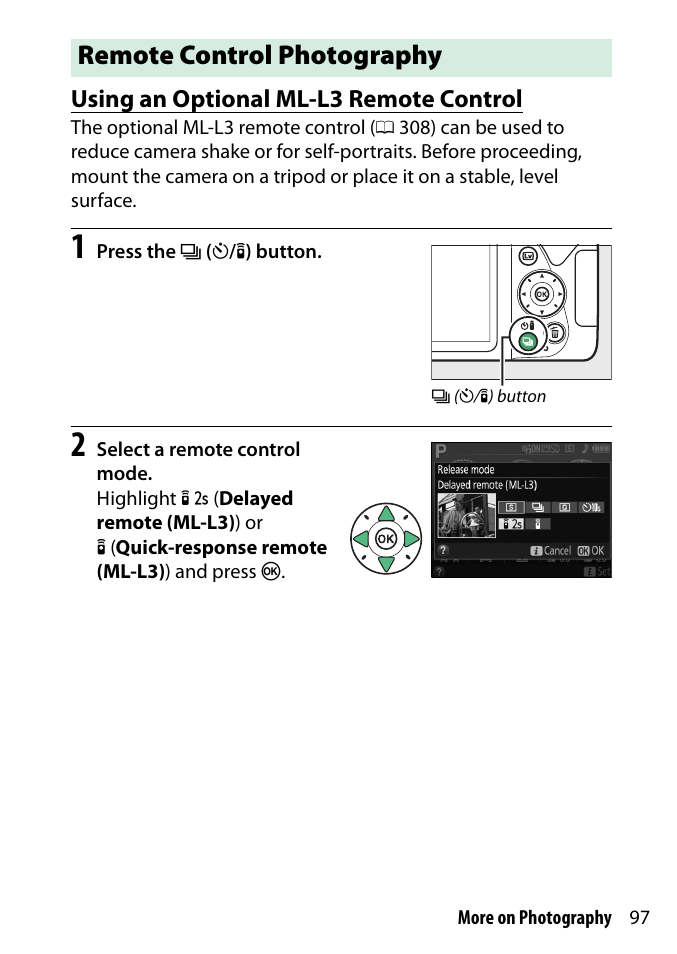 Remote control photography, Using an optional ml-l3 remote control | Nikon D3300 User Manual | Page 117 / 392