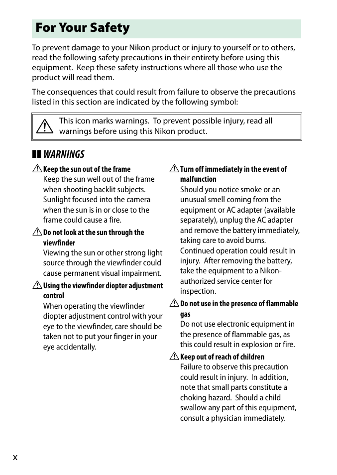 For your safety, Warnings | Nikon D3300 User Manual | Page 12 / 392