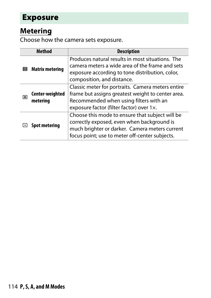 Exposure, Metering | Nikon D3300 User Manual | Page 134 / 392