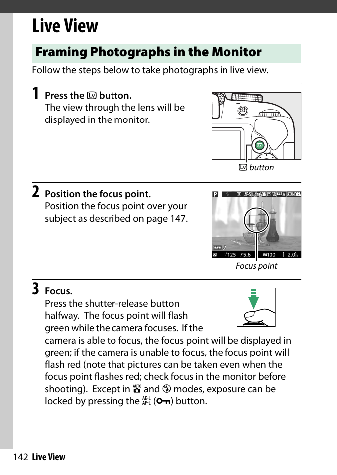 Live view, Framing photographs in the monitor | Nikon D3300 User Manual | Page 162 / 392
