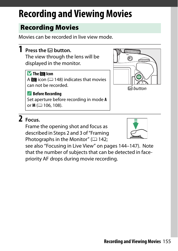Recording and viewing movies, Recording movies | Nikon D3300 User Manual | Page 175 / 392