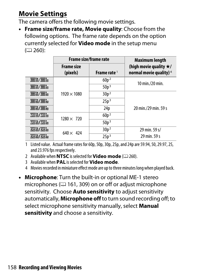 Movie settings, 158 recording and viewing movies | Nikon D3300 User Manual | Page 178 / 392