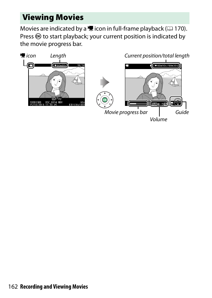 Viewing movies | Nikon D3300 User Manual | Page 182 / 392