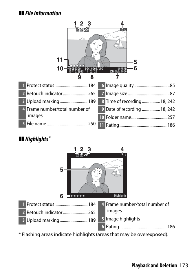 File information ❚❚ highlights, 173 playback and deletion | Nikon D3300 User Manual | Page 193 / 392