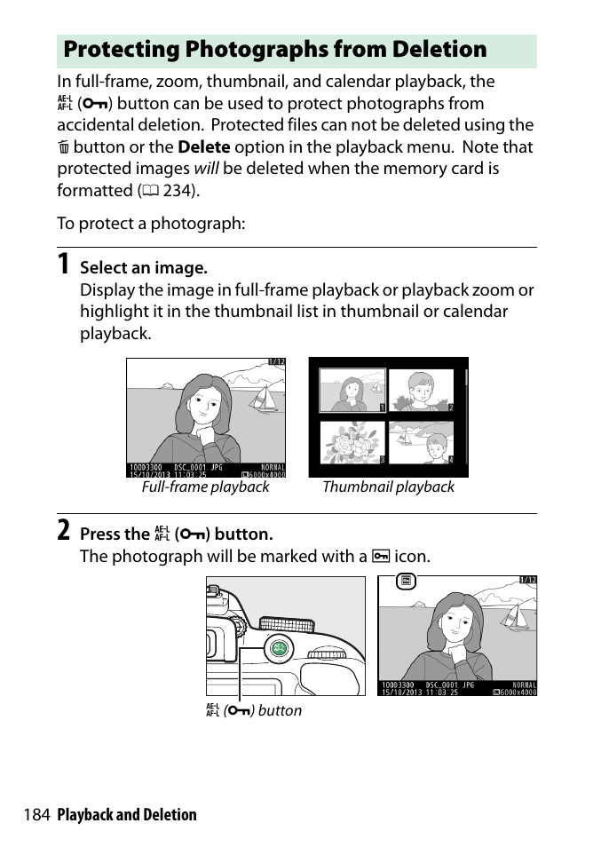 Protecting photographs from deletion | Nikon D3300 User Manual | Page 204 / 392
